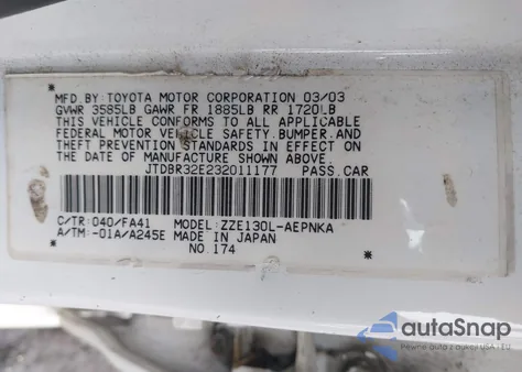 2003 Toyota Corolla Le from USA, damaged, VIN JTDBR32E232011177